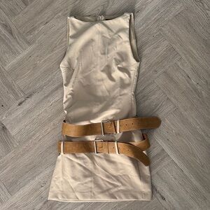 Sleeveless Beige Dress with Double Brown Belts ZARA Size Small